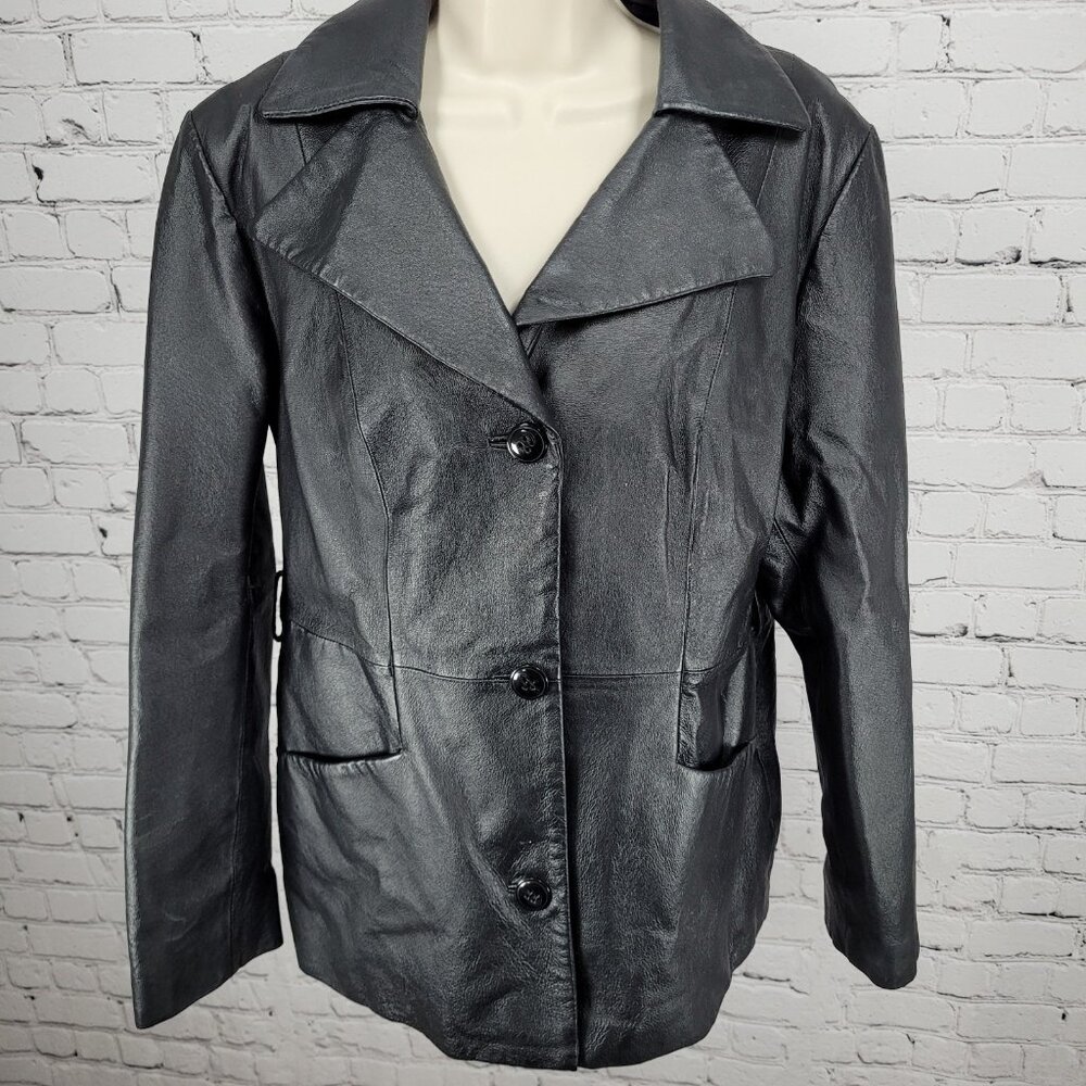 East 5th Black Genuine Leather Buttoned Lined Collared Pockets Jacket Size Large